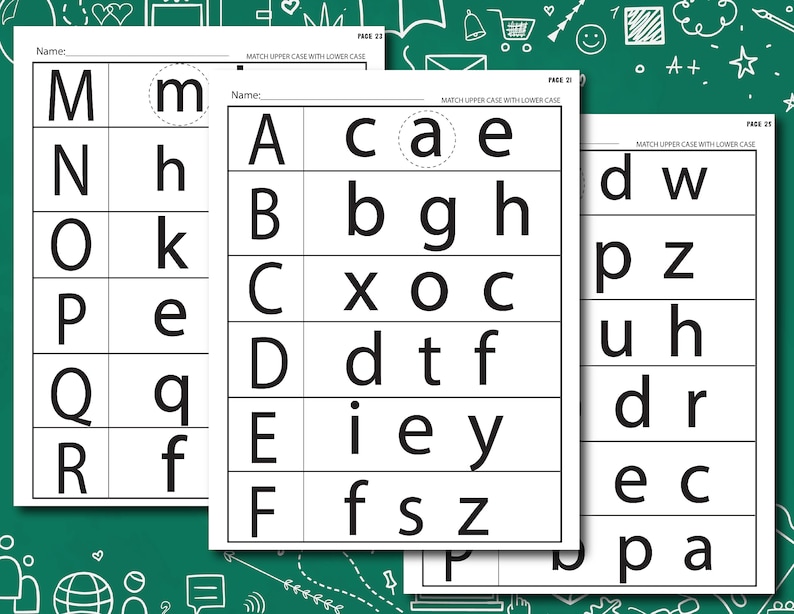 May include: Black and white worksheet with the letters of the alphabet in uppercase and lowercase. The worksheet is designed to help children learn to match uppercase and lowercase letters.