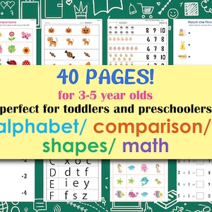 Preschool Worksheets 40 Pages - Letter Recognition, Numbers, Counting, Math, Shapes
