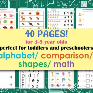 Hojas de trabajo para preescolar (40 páginas): reconocimiento de letras, números, conteo, matemáticas y formas