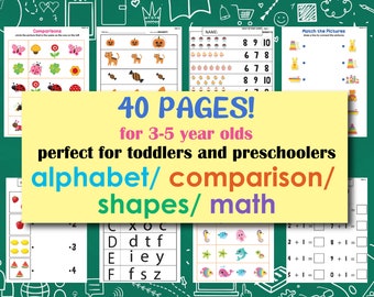 Preschool Worksheets 40 Pages - Letter Recognition, Numbers, Counting, Math, Shapes