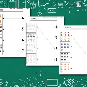 May include: A printable worksheet with three sections, each with a column of images and a column of numbers. The images are of various animals, including bunnies, chickens, lemurs, penguins, and cupcakes. The numbers range from 4 to 10. The worksheet is titled "Connect Picture to the Right Number".