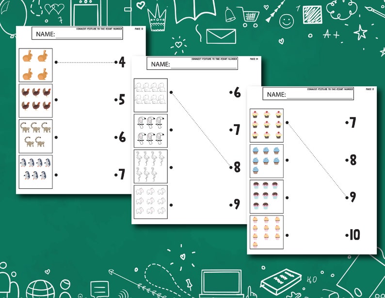 May include: A printable worksheet with three sections, each with a column of images and a column of numbers. The images are of various animals, including bunnies, chickens, lemurs, penguins, and cupcakes. The numbers range from 4 to 10. The worksheet is titled "Connect Picture to the Right Number".