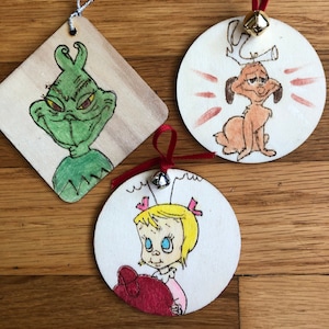 Whoville ornaments, Grinch ornament, Cindy Lou Who ornament, Max the Dog ornament, Woodburned ornament