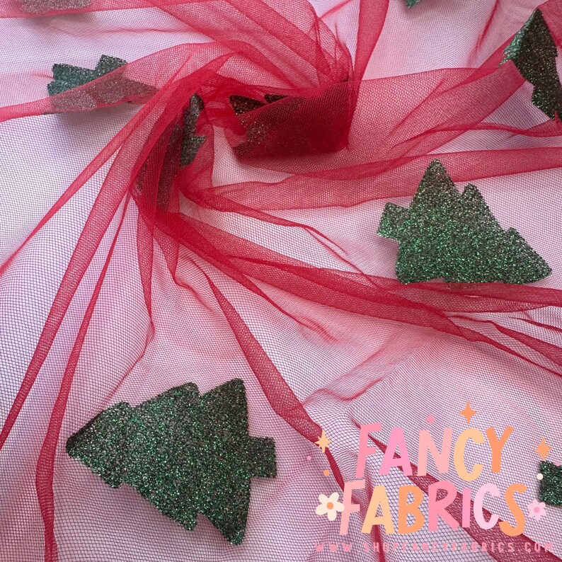 Ready to Ship Glitter Trees red Mesh Stretch Mesh Polyester 4 Way