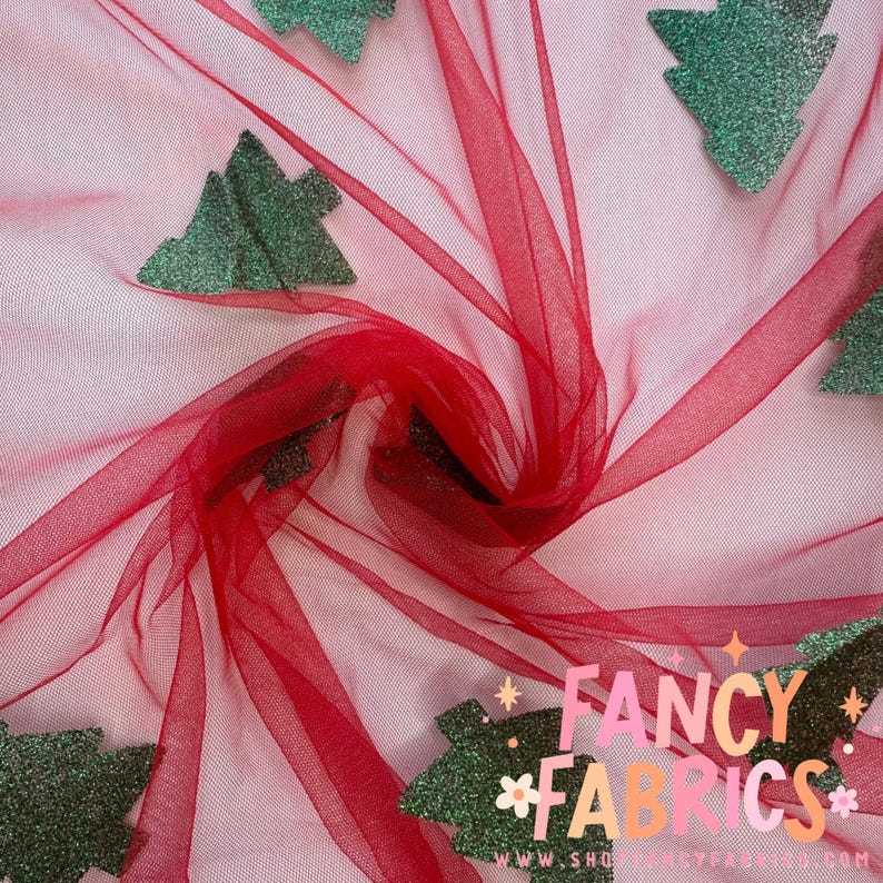 Ready to Ship Glitter Trees red Mesh Stretch Mesh Polyester 4 Way