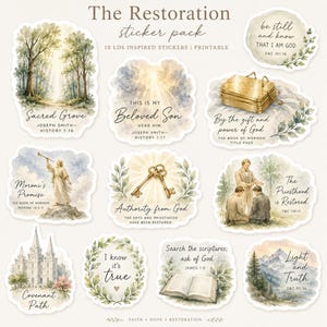 Pode incluir: Um pacote de adesivos inspirados em LDS com 10 adesivos com ilustrações em aquarela e texto. Os designs incluem "Sacred Grove", "Beloved Son", "Moroni's Promise" e "Authority from God". Os adesivos são imprimíveis.