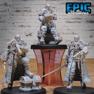May include: Three grey 3D printed miniature figures of pirates with beards and hats. The pirates are holding a telescope, a sword, and a pistol. The figures are standing on a wooden surface. The text "EPIC Miniatures" is visible in the upper right corner of the image.