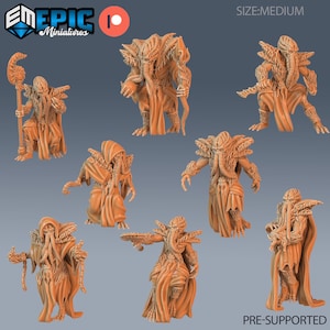 May include: A collection of pre-supported, medium-sized, orange-colored miniature figures. The figures depict tentacled, robed creatures in various poses, some holding staffs or weapons. The Epic Miniatures logo is visible in the upper left corner.