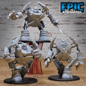 May include: Three gray miniature figures of a wooden golem with rope-bound limbs and a wooden head. The figures are posed in different stances, with one holding a blade. The figures are on black bases. The text "EPIC Miniatures" is in the upper right corner.