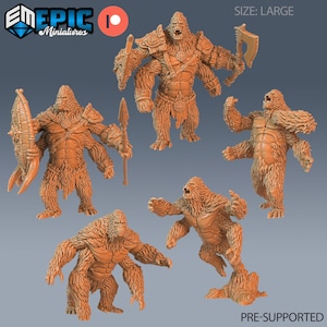 May include: Five unpainted orange resin miniature figures of four-armed ape-like creatures in various poses. Some figures hold weapons like axes, spears, and shields. The text "EPIC Miniatures", "SIZE: LARGE", and "PRE-SUPPORTED" is visible on the image.