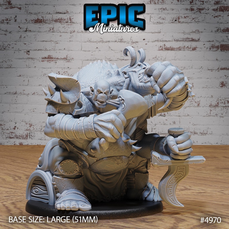 May include: A gray, detailed miniature of a large, armored, orc-like creature holding a curved blade. The miniature is posed in a crouching position with its right hand raised, holding the blade. The miniature is on a black base with the text "BASE SIZE: LARGE (51MM)" and "#4970" printed on the base.