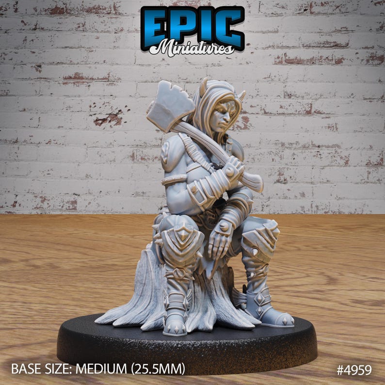 May include: A gray painted miniature figurine of a sitting humanoid figure with horns, wearing armor and holding an axe. The figure is sitting on a tree stump base. The miniature is 25.5 mm in size.  #4959