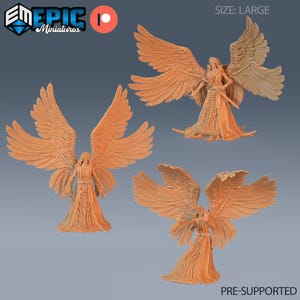 May include: Three 3D printed angel miniatures with outstretched wings. The angels are wearing long robes and have detailed facial features. The miniatures are pre-supported and come in a large size.