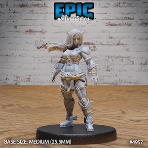 May include: Gray, unpainted miniature figurine of a female warrior with horns, wearing armor and a skirt. The figurine is standing on a round base. BASE SIZE: MEDIUM (25.5MM) #4957