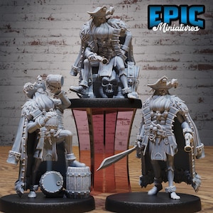 May include: Three gray miniature pirate figurines. One figure is seated on a throne, another is drinking from a mug, and the third is holding a sword. The figures are detailed with pirate hats, coats, and accessories. The text "EPIC Miniatures" is in the upper right corner.