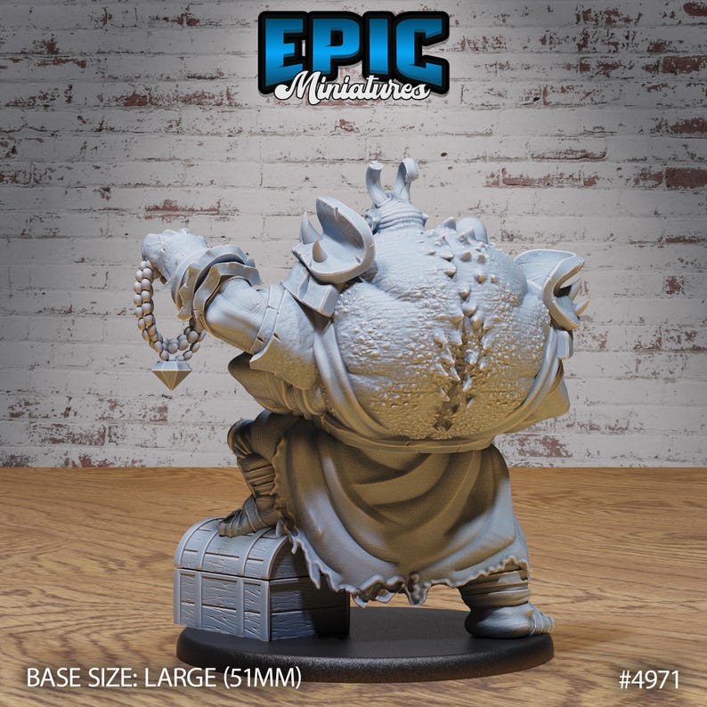 May include: A gray, detailed miniature figurine of a goblin-like creature wearing armor and holding a chain with a gem at the end. The figurine is standing on a treasure chest and has a base size of large (51mm). #4971