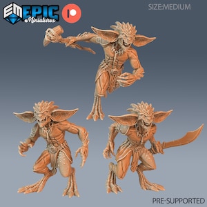 May include: Three brown fantasy miniatures of a creature with large ears, sharp teeth, and clawed feet. One figure holds a hammer, another a curved blade. The text "PRE-SUPPORTED" is at the bottom.