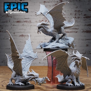 May include: Three detailed dragon miniatures in various poses. The dragons have large, textured wings and intricate scales. One dragon is perched on a rock base, while the others stand on round black bases. The text "EPIC Miniatures" is visible in the upper left corner.