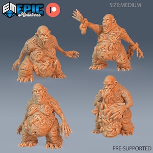 May include: Four different views of a 3D printed miniature of a grotesque, fleshy, humanoid creature with a large, bulbous body and multiple appendages. The creature has a grotesque, fleshy face with a wide mouth and sharp teeth. The miniature is pre-supported and is labeled "SIZE:MEDIUM".