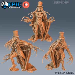 May include: Three brown miniature figures of a skeletal character wearing a top hat and cape. The figures have long, flowing hair and sharp claws. The text "PRE-SUPPORTED" is visible.