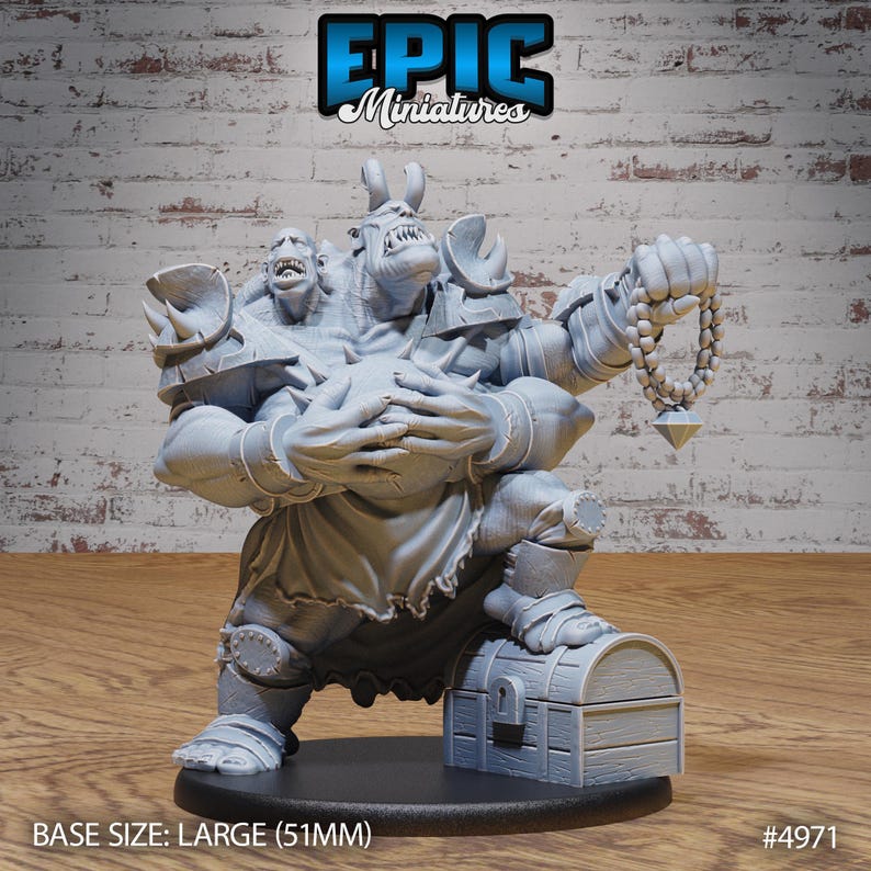 May include: A gray 3D printed miniature of a three-headed ogre wearing armor and holding a chest and a beaded chain with a pendant. The miniature is standing on a black base. BASE SIZE: LARGE (51MM) #4971