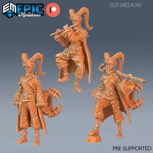 May include: A 3D printed miniature of a fantasy character with horns, wearing a long robe and holding a musical instrument. The miniature is pre-supported and comes in a medium size.