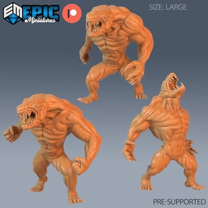May include: Three orange-brown monster miniatures in dynamic poses. The creatures have sharp teeth, muscular builds, and clawed hands. The text "SIZE: LARGE" and "PRE-SUPPORTED" are visible.
