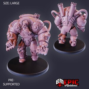 May include: A large, unpainted light purple resin miniature of a bearded figure in heavy mechanical armor with two exhaust pipes on the back, standing on a round black base. The text SIZE: LARGE and PRE-SUPPORTED is visible on the image.