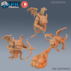 May include: A collection of miniature fantasy creatures in a light brown color. One creature is flying, two are standing, and one is shooting a bow and arrow. The text "SIZE: MEDIUM" and "PRE-SUPPORTED" are visible.