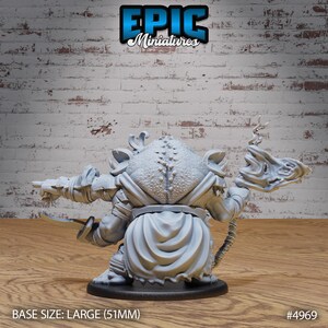 May include: A gray, detailed miniature of a goblin warrior holding a weapon and a shield. The miniature is standing on a round base. The base is labeled "BASE SIZE: LARGE (51MM)" and "#4969".