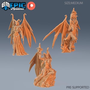 May include: Three 3D printed miniatures of a female demon with wings and horns. The demon is posed in three different ways, standing, sitting, and with wings spread. The miniatures are printed in a light orange colour and are pre-supported.