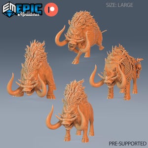 May include: Four 3D printed models of a boar with large tusks and a spiky mane. The models are in a light orange color and are pre-supported. The text "SIZE: LARGE" and "PRE-SUPPORTED" are visible in the image.