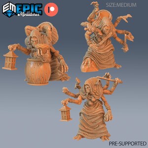 May include: Three miniature figures of a multi-armed, hooded character with a skeletal face. One figure holds a lantern and sits on a barrel, another holds a tool, and the third holds a lantern. The figures are pre-supported and are in a medium size.