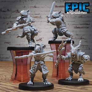May include: Four gray miniature figurines of anthropomorphic rats in various action poses. One rat holds a sword, another a staff, and two others are in combat stances. The figurines are on black bases, with the "EPIC Miniatures" logo in the top right corner.