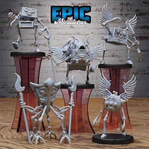 May include: A selection of grey miniature figures with mechanical and winged designs. The figures are displayed on black or red bases, with the "EPIC Miniatures" logo visible. The figures have diverse shapes and poses.