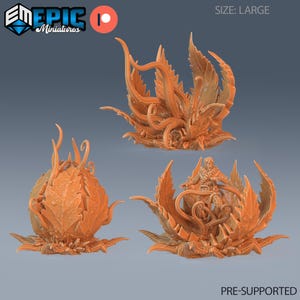 May include: Three 3D printed resin models of a plant-like creature with a fleshy, bulbous body and spiky, leafy appendages. The models are in various poses, including a seated figure with arms outstretched. The models are labeled "PRE-SUPPORTED" and "SIZE: LARGE".