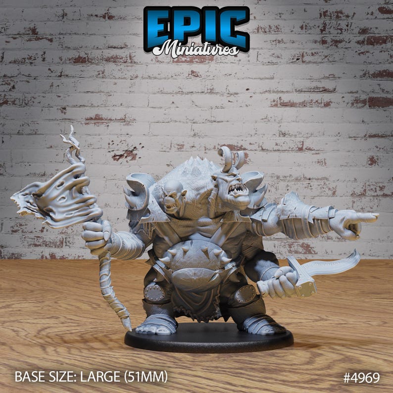 May include: A gray, three-headed, miniature figure of a creature with a large, spiked club and a dagger. The figure is standing on a round base. BASE SIZE: LARGE (51MM) #4969