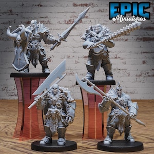 May include: Four grey plastic miniature figures of warriors with various weapons and armor, standing on black bases. The figures are posed in a fighting stance. The figures are on a white brick background. The text "EPIC Miniatures" is in the upper right corner of the image.