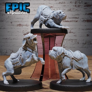 May include: Three gray miniature dog figurines with saddlebags and armor. One dog is on a black pedestal, another is mid-leap, and the third is standing. The logo "EPIC Miniatures" is in the top left corner.