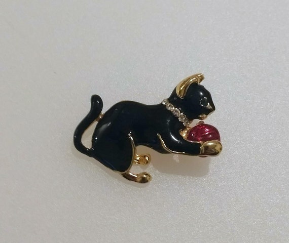 Vintage Enamel and Rhinestone Cat/Kitten Brooch/P… - image 1