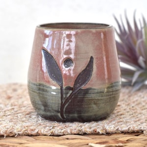 Rosa Keramik Weinglas | Ombre Weinbecher | Rustikale Mauve und Braun Qualität Steinzeug Tasse mit Blumenmuster | Handgemachter Cottagecore Becher