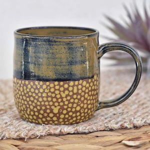Softly Textured 10 oz Handmade Pottery Mug | Yellow Spotted Dot Mug with Hand Pulled Handle | Rustic Coffee or Tea Wheelthrown Stoneware Cup