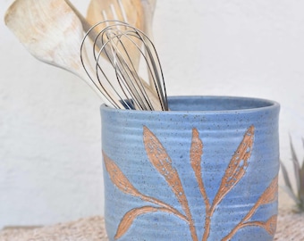Botanical Blue Large Utensil Crock | Handmade Stoneware Countertop Organizer | Sky Blue Utensil Holder | Decorative Rustic Speckled Pottery
