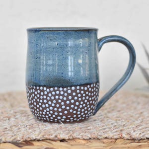 Sensory Friendly 12 oz Handmade Pottery Mug | Light Blue Spotted Dot Mug w/ Hand Pulled Handle | Wheelthrown Stoneware Coffee, Tea Mug