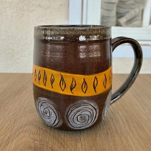 13-ounce Stoneware Coffee Mug with Fall Design, Handmade/Wheelthrown Pottery