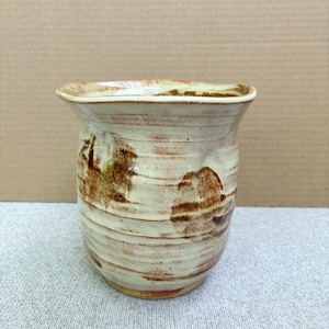 Off White Handmade Stoneware Utensil Crock | Wide Ceramic Decorative Rustic Vase for Flower Arranging | Textured Pottery Utensil Organizer