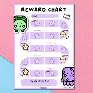 May include: A reward chart with the text "REWARD CHART" at the top. The chart features a path of star-shaped boxes, with the words "START", "Well done!", "Keep going!", "Good job!", and "You did it!" along the path. Cute cartoon turtle and jellyfish stickers are on the chart.