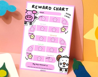 May include: A pink and white reward chart with the text "REWARD CHART" and "GOOD LUCK!". The chart features a path of star-shaped boxes and cartoon animal stickers. The bottom of the chart has the text "My big reward is".