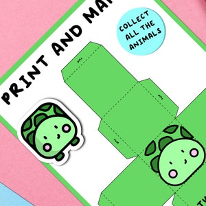 May include: A green and white printable turtle craft with the text "PRINT AND MAKE". A sticker of a turtle is on the left. The text "COLLECT ALL THE ANIMALS" is in a blue circle.