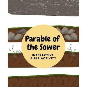 Puede incluir: Una ilustración de la parábola del sembrador, una historia bíblica. La imagen muestra cuatro tipos diferentes de suelo: suelo duro, suelo rocoso, suelo con espinas y suelo bueno. El texto "Parábola del sembrador" y "Actividad bíblica interactiva" se muestra en un círculo amarillo.
